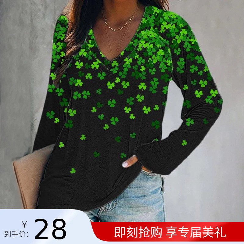 Source factory independent station spring and autumn new women's long sleeve T-shirt clover 3D printing gradient V-neck raglan sleeve