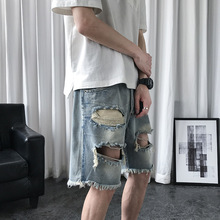 乞丐破洞牛仔短裤男夏季薄款宽松美式高街裤子潮牌痞帅毛边五分裤