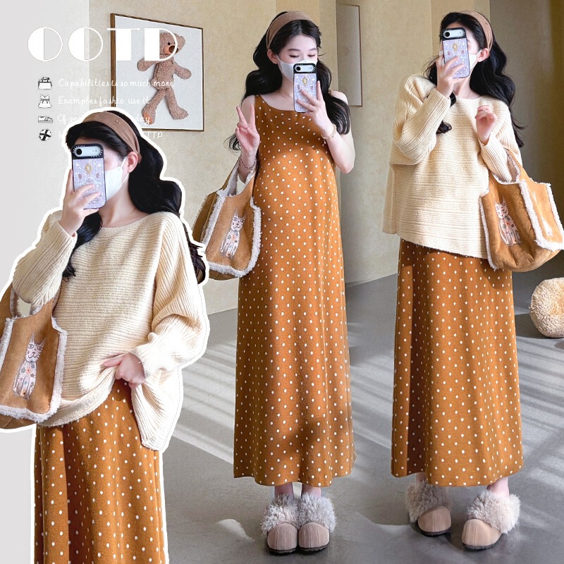 New product--Real shot of 2026 autumn colorful polka dot camisole pullover top maternity set orange set cotton-free