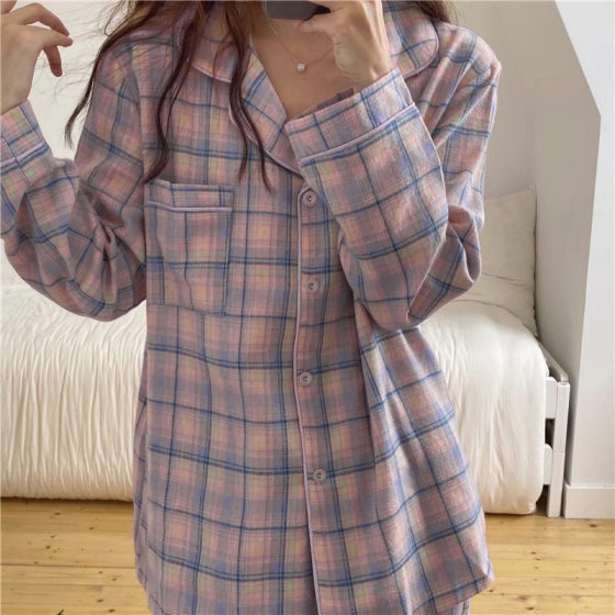 Cross-border simple plaid long sleeve trousers two-piece pajamas autumn girls can go out home clothing set real shot on behalf of hair
