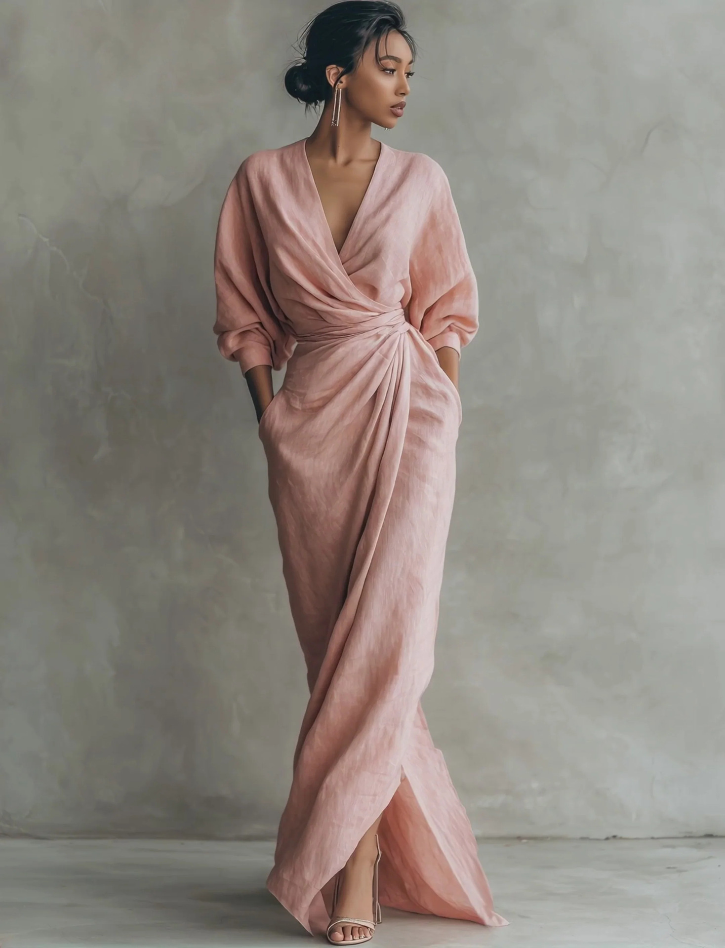 Damen Kleid Mit V-ausschnitt Aus Baumwolle Und Leinen_voghion.com