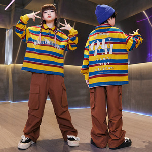 Boys girls  striped hip-hop street dance costumes kids hiphop rapper singers dance outfits for kids drumming performance suit