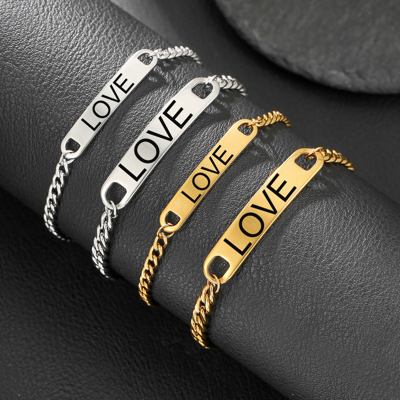 A Custom-Made Cross-Border 304 Stainless Steel Beaded Bracelet with Rectangular Blank DIY Laser-Engraved Text, Couple's Gift A Custom-Made Cross-Border 304 Stainless Steel Beaded Bracelet with Rectangular Blank DIY Laser-Engraved Text, Couple's Gift