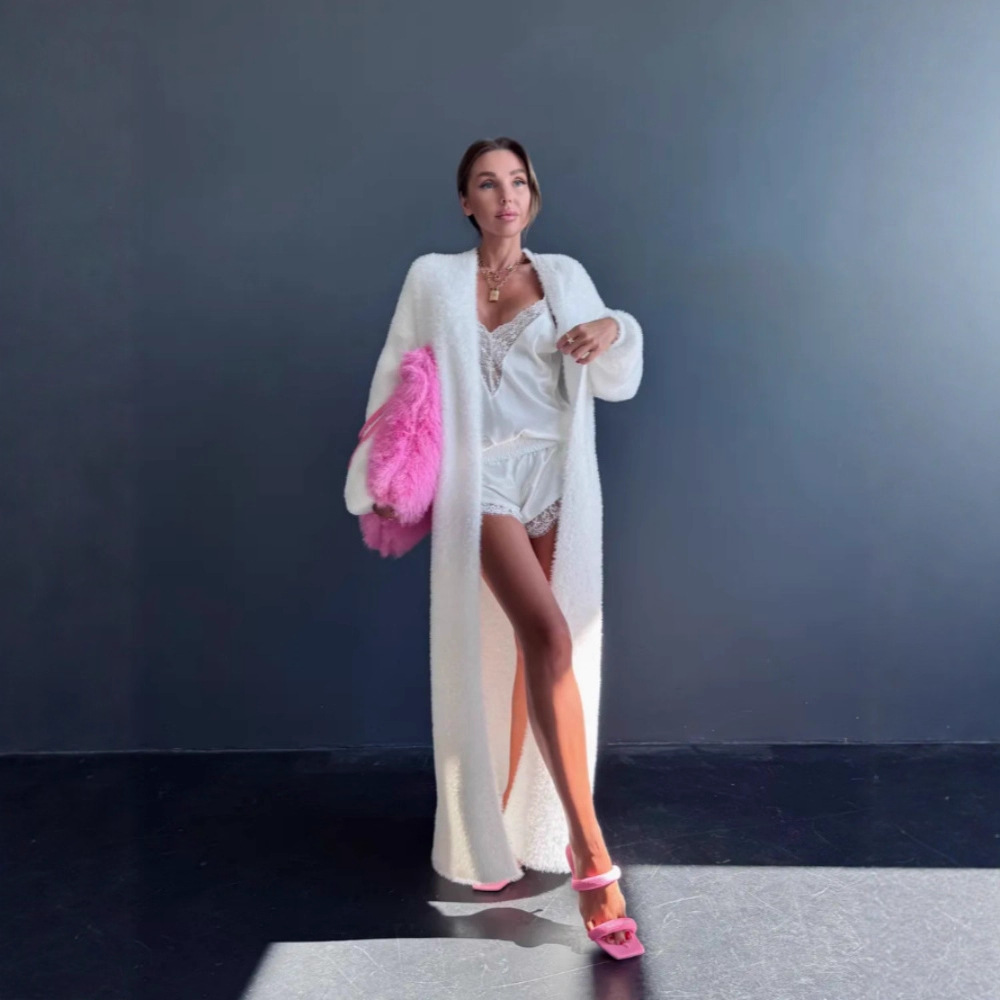 跨境仿貂绒白色针织衫开衫大衣外套女秋冬宽松毛绒绒蓬松长款开衫