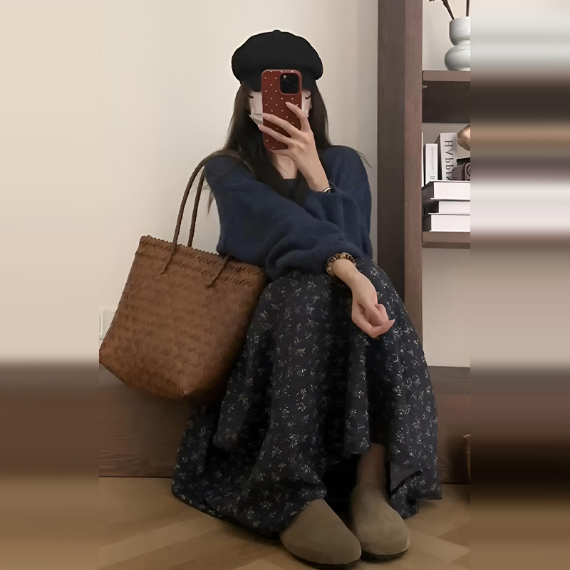 秋冬女2025新款针织毛衣碎花半身裙子过年韩系感穿搭一整套装|undefined