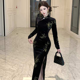 WDS54679欧美2025跨境外贸批发复古长袖刺绣丝绒收腰旗袍连衣长裙