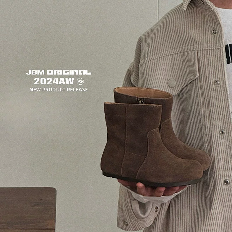 Demi-season fleece low boots, children's leather shoes, genuine leather, mid-length, internet celebrity
