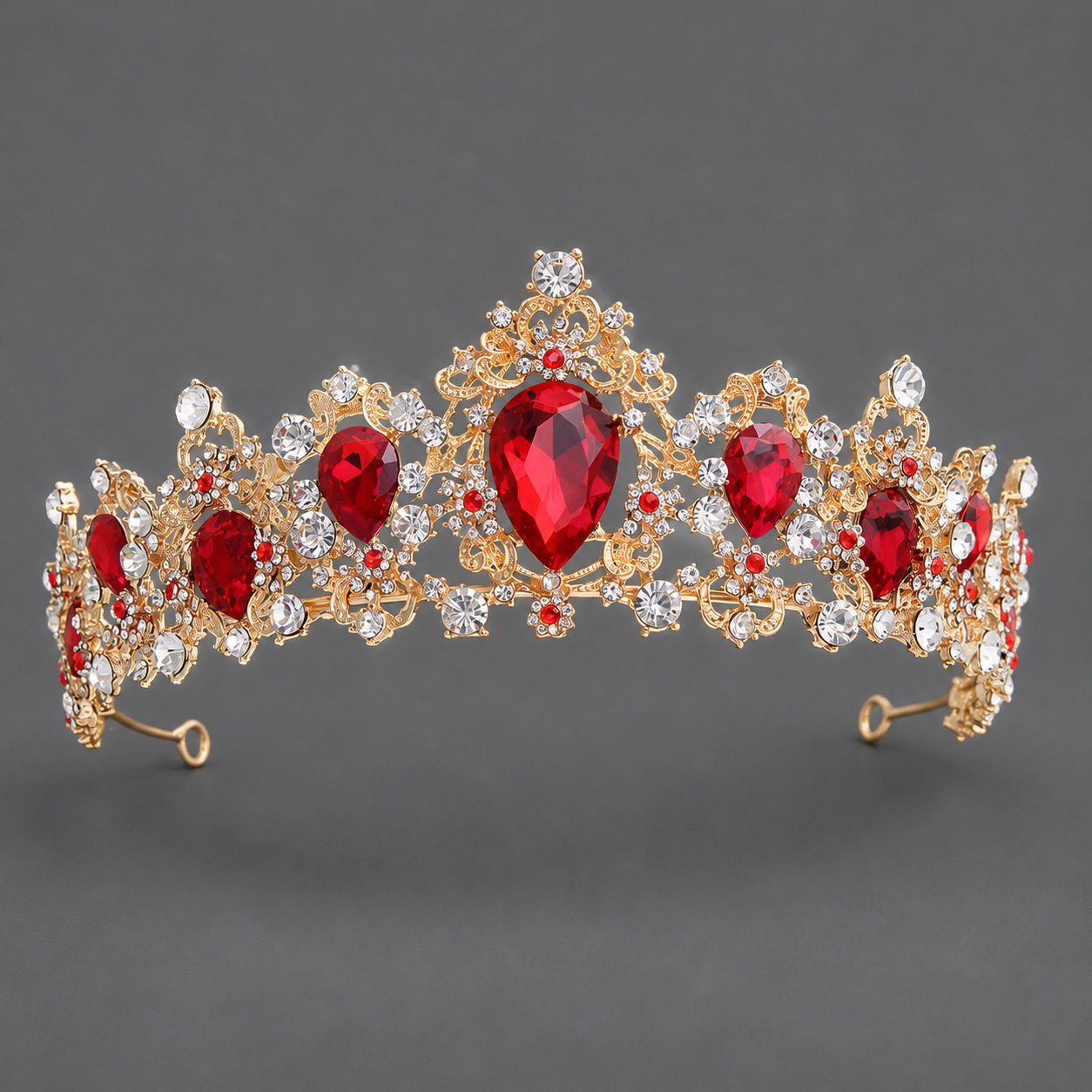 Corona Barroca Retro con Cristales Rojos de Aleación y Cristal Rojo, Acabado galvanizado, para desfiles, bodas y fiestas image 8