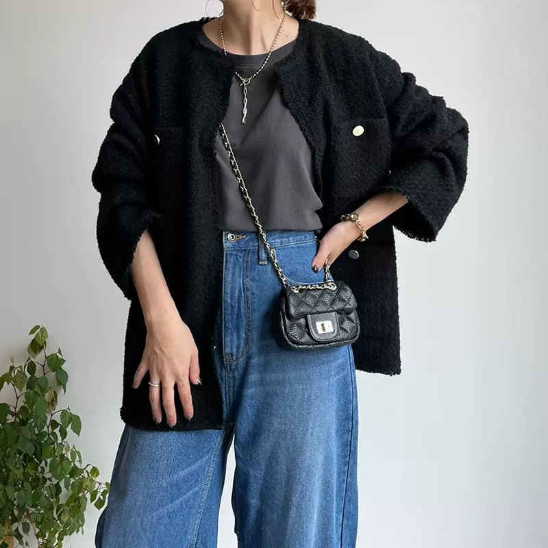 小众设计感宽松廓形粗花呢编织金属扣小香风外套女秋冬小个子上衣