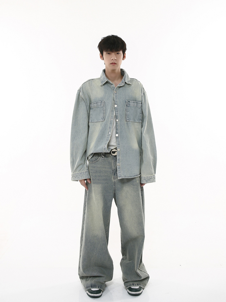 Mtlclothes ropa de Hombre | 2023 otoño nuevo estilo coreano personalizado apenado lavado casual Denim traje