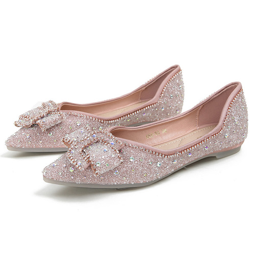 Rhinestone single shoes for women summer style flat bottom 2024 new style full diamond lady pointed toe shallow mouth scoop shoes large size women's shoes 41 to 43