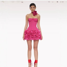 欧美跨境立体花性感绑带抹胸两件套紧身花苞裙超短裙晚宴裙Dress