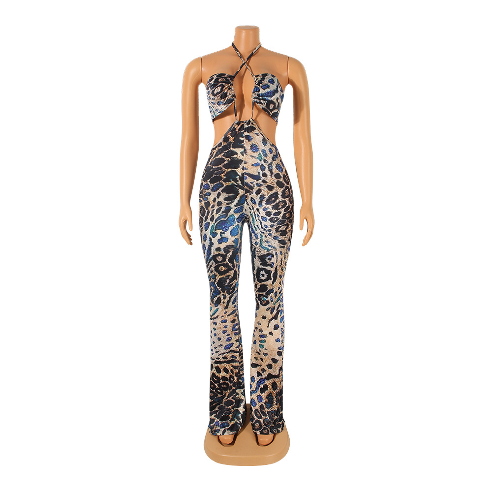 Women Clothing Sexy Cutout Halter Women Jumpsuit Trousers Bell Bottom Pants