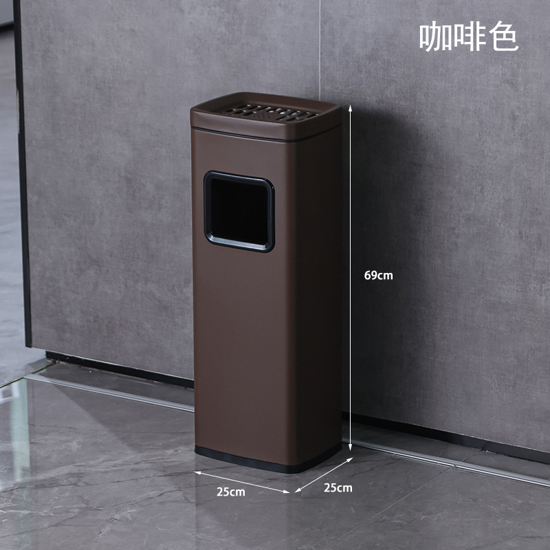 Bote de basura de acero inoxidable del hotel con cenicero, entrada de ascensor vertical, pasillo del vestíbulo, columna de humo para fumar comercial