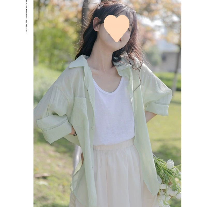 Милая рубашка, тонкая кардиган, slip dress, летнее шёлковое накидка, зелёная куртка