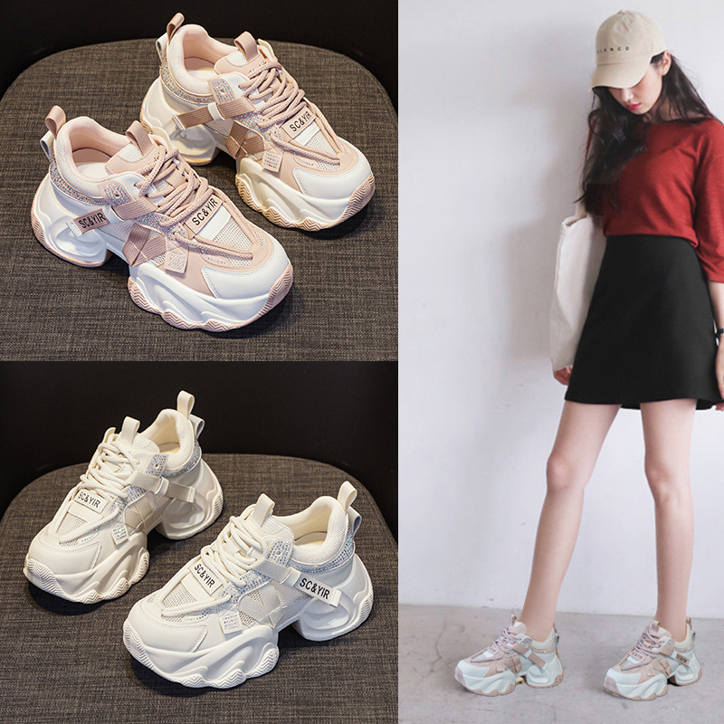 Giày sneaker nữ chunky đế dày tăng chiều cao 8cm buộc dây thời trang — M2566 màu be, M2566 màu hồng