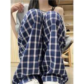 藏青格子裤女夏季薄款小个子宽松慵懒风高腰阔腿裤垂感直筒休闲裤