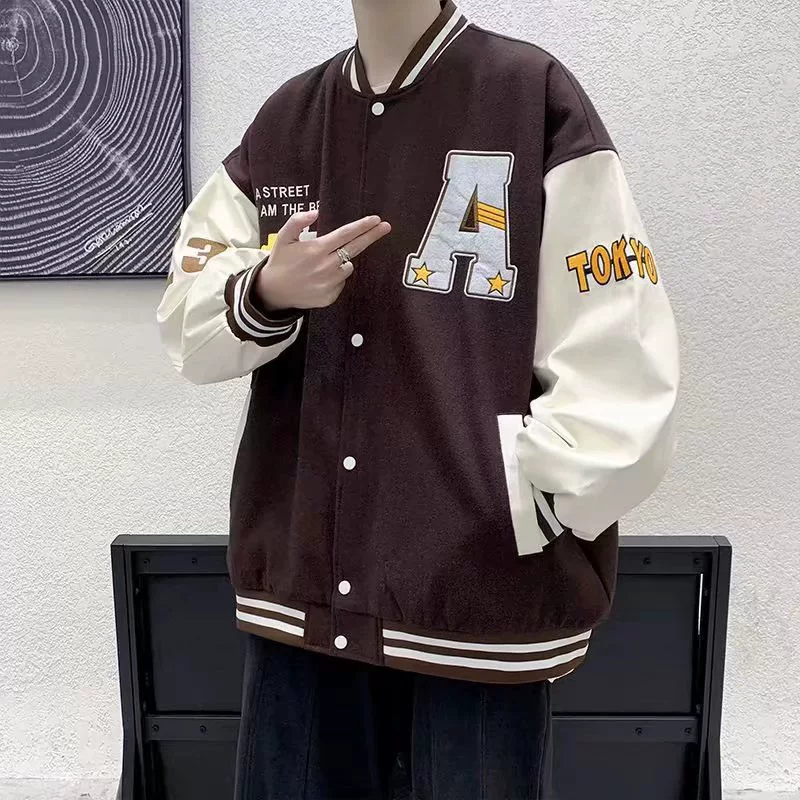 Autumn baseball jacket for elementary students, American style, loose fit, embroidered patch