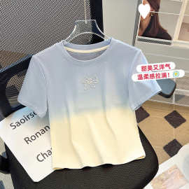 W3T2025夏季新款女短款正肩洋气设计感打底衫短上衣短袖T恤