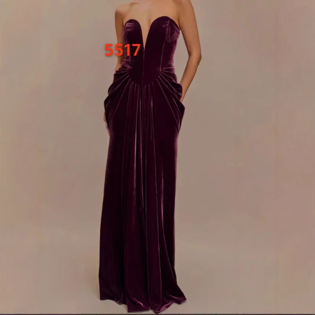 European and American Cross-Border New Autumn and Winter Temperament Burgundy Velvet Tube Top Sexy and Elegant Evening Dress Wholesale
