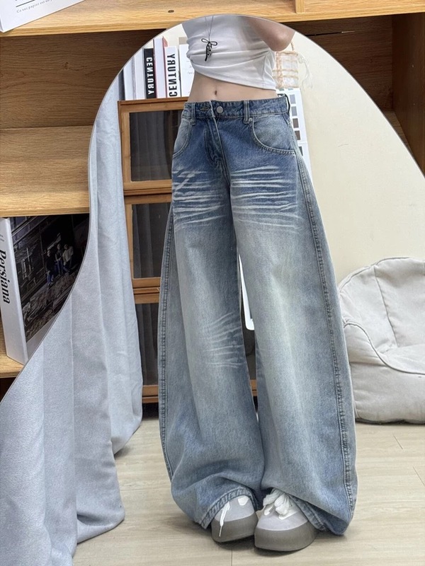 美式复古弯刀牛仔裤女秋季2025新款低腰宽松直筒阔腿梧桐镰刀裤子|undefined