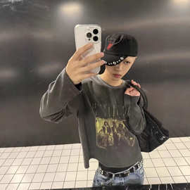 美式复古齐柏林Vintage重磅水洗做旧华夫格长袖T恤男廓形短宽上衣