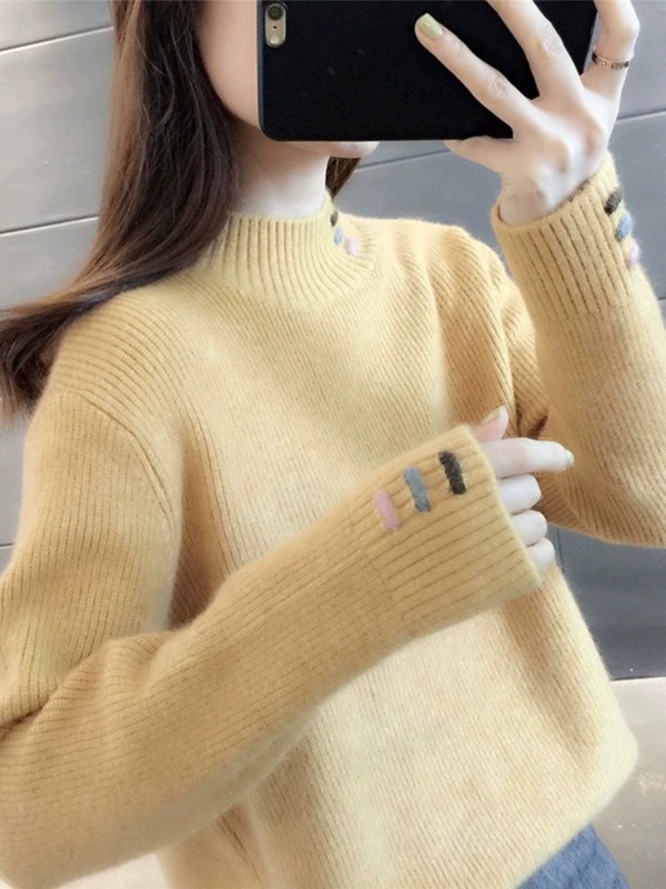 半高领毛衣女秋冬2025年新款秋冬季韩版慵懒风纯色绣花针织打底衫|undefined