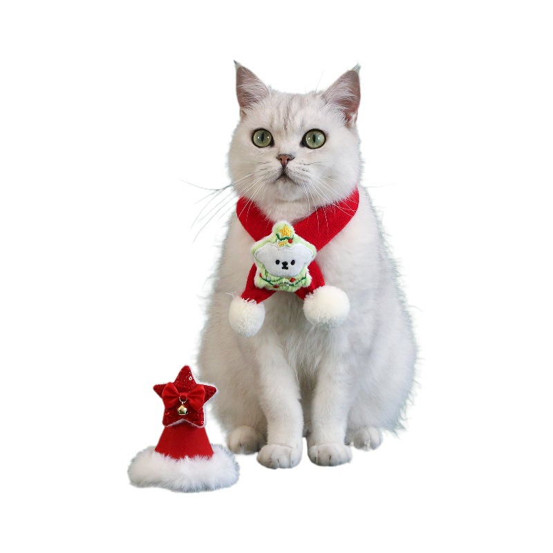 2024 Navidad roja bufandas mascotas gatos cachorros árbol de Navidad bolas de dibujos animados de punto lana bufandas set sombrero
