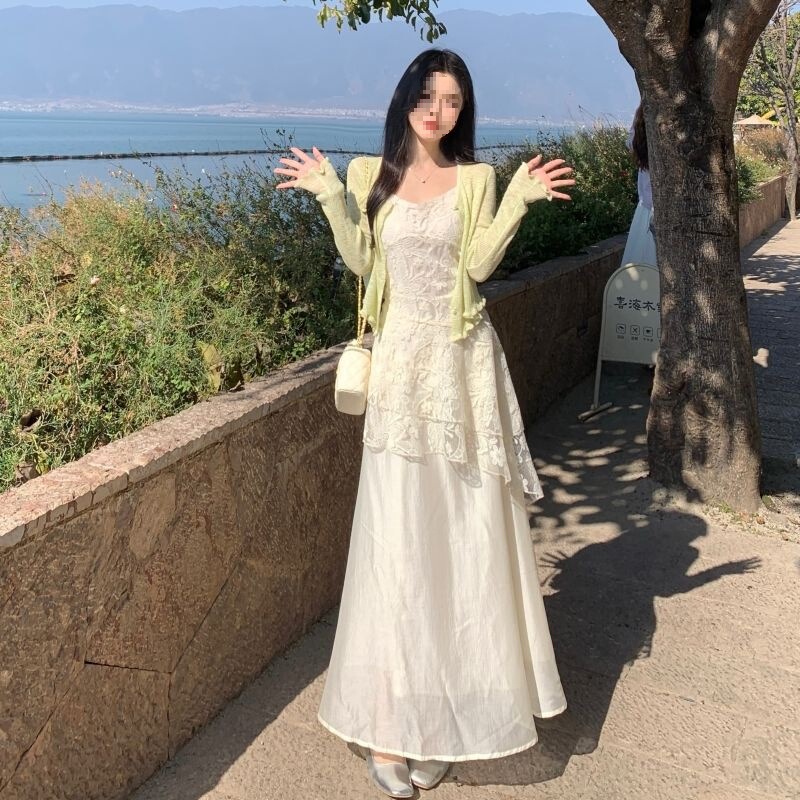 Plus-Size Summer New Fashion Versatile Elegant Slimming Lace Patchwork Strap Dress with Sun-Protective Cardigan Two-Piece Set