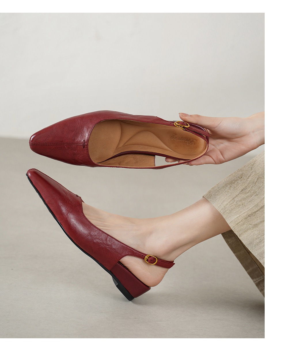 Sandal nữ da cừu mũi nhọn quai chữ V đế bệt — màu nâu chi tiết 6