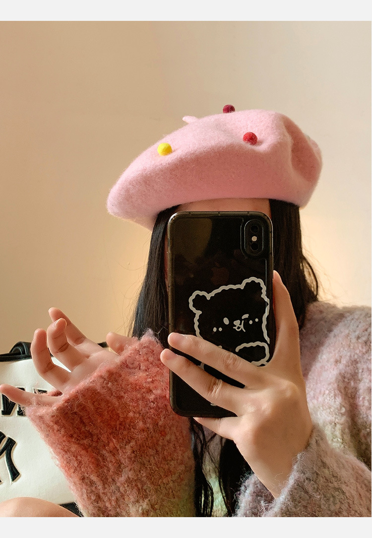 Women's Cute Basic Sweet Solid Color Pom Poms Eaveless Beret Hat display picture 2