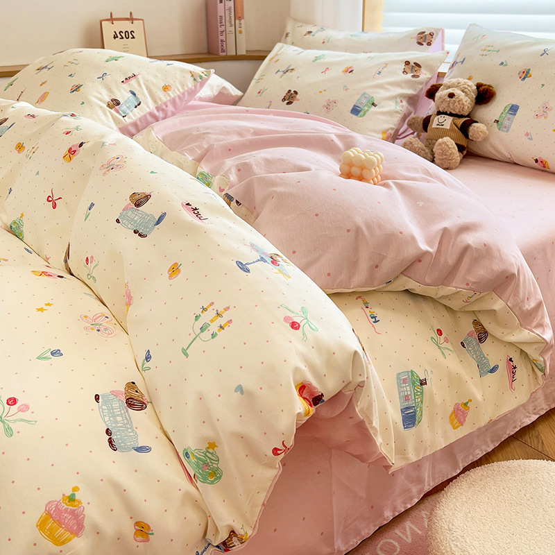 Temporada escolar cama de dibujos animados de cuatro piezas algodón puro algodón 2025 nueva funda edredón sábana dormitorio juego de tres piezas