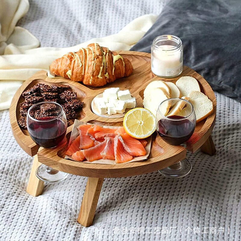 Wooden Foldable Tray Outdoor Picnic Wine Table Dried Fruit Plate Portable Dining Table Goblet Wine Rack Balcony Tray