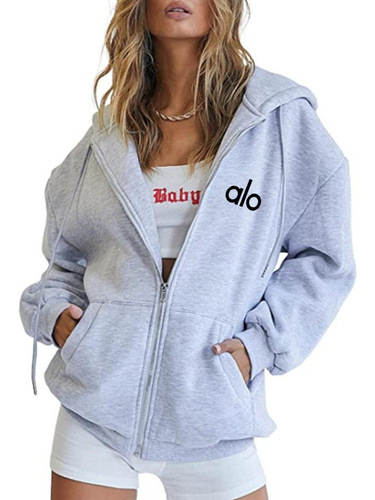 Alo Ladies Personality Printed Zip-Up Hooded Sweatshirt Loose Casual Long-Sleeve Hooded Sweatshirt Personality Sports Top