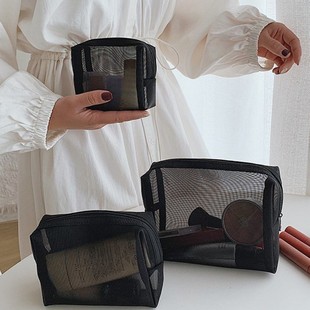 Hot selling simple nylon black mesh three-piece octagonal bag portable cosmetic bag suit