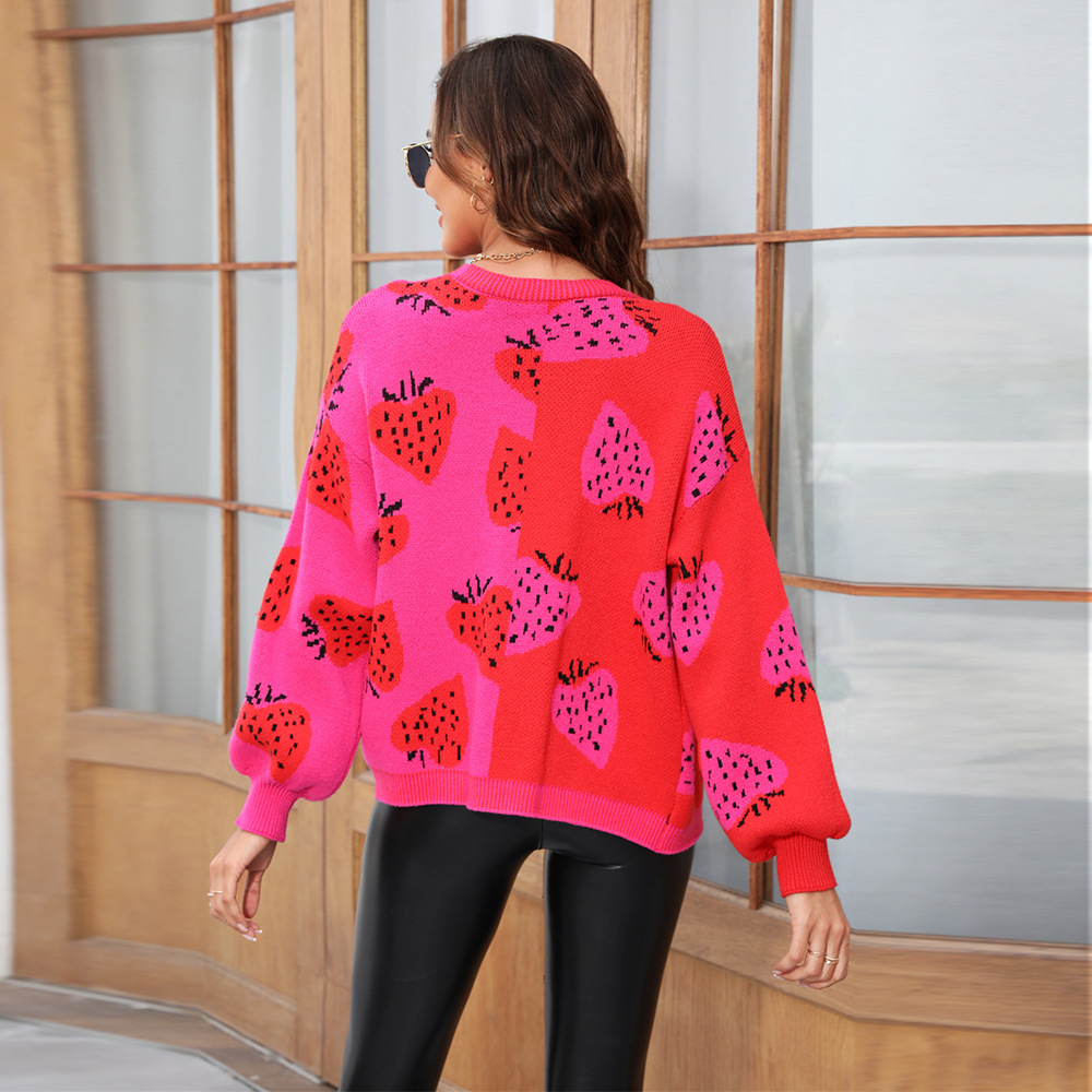 Suéter de Punto con Botones y Cuello en V, Estilo Europeo y Americano, Nuevo para la Primavera de 2023, Comercio Exterior Transfronterizo, Suéter Tipo Cárdigan con Estampado de Fresas para Mujer image 6