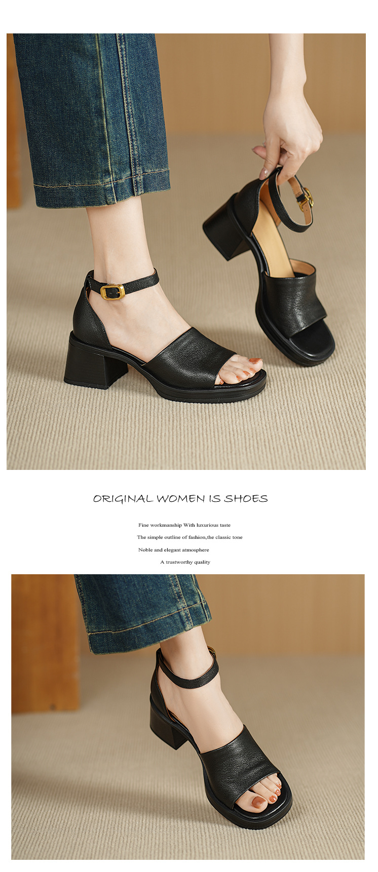 Sandal cao gót nữ hở mũi quai ngang khóa, da dê cao cấp, gót vuông ổn định — đen chi tiết 6