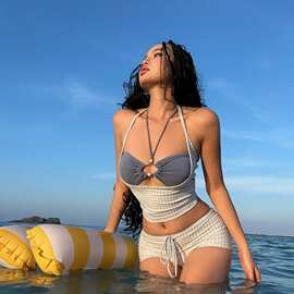 纯欲风少女格子分体泳衣女保守平角温泉度假水上乐园泳衣挂脖性感