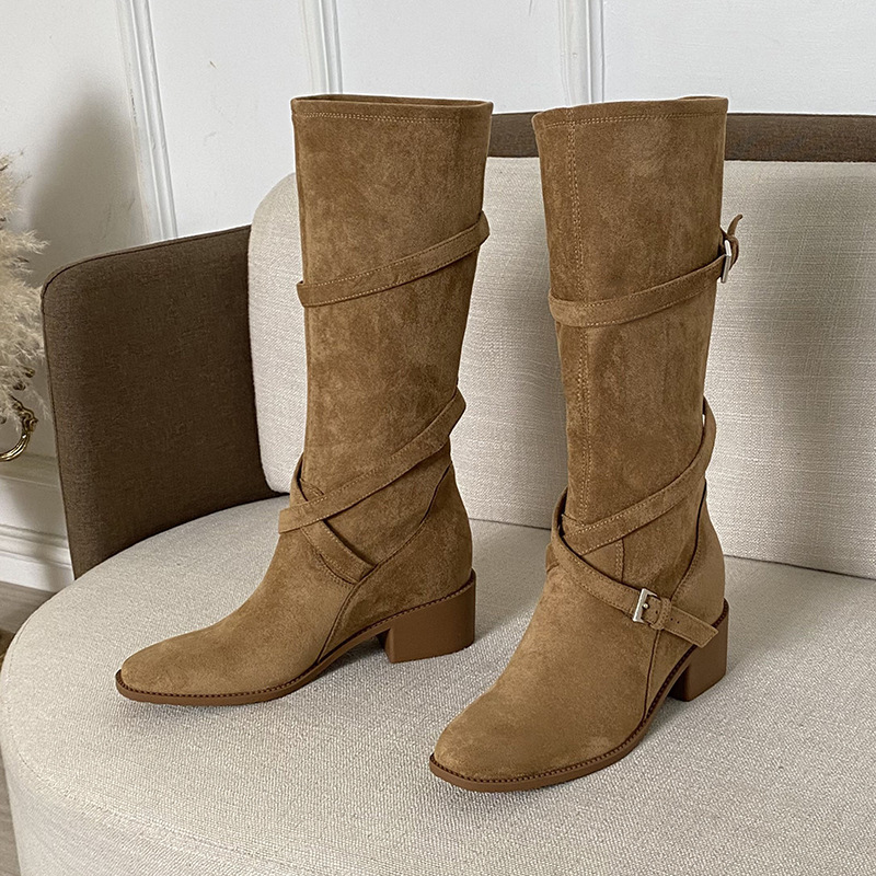 Grape Ma Same Style Height Increase 7Cm~Long Legs Pointed Round Toe Cross Strap Thick Heel Boots Mid-Calf Boots Slim Long Boots for Women