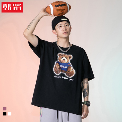 韩路日系男装 2021夏季新款ins玩偶熊短袖T恤男反光印花情侣体恤