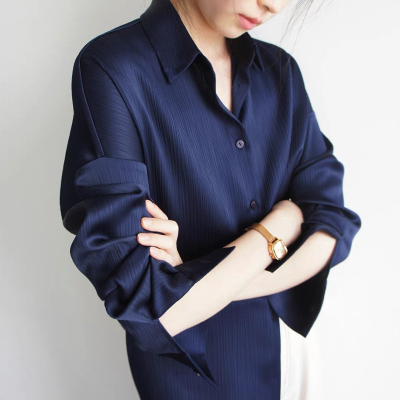 Navy Blue Dark Vertical Pattern Silk Satin Matte Long Sleeve Shirt Women's Fashionable Elegant Chic Top