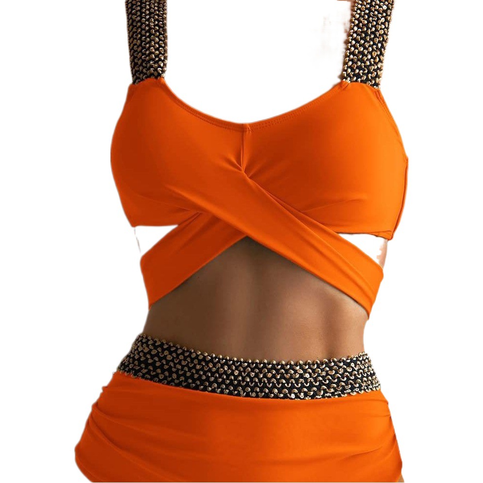 Bikini de Talle Alto con Cintas Brillantes de Poliéster, Sin Mangas, para Natación image 1
