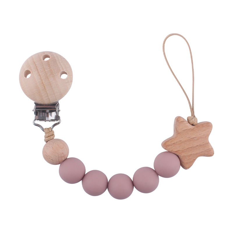 Nuevo bebé haya chupete clip calmante bebé cuentas de silicona estrella de haya de dibujos animados cadena de chupete cadena anti-gota