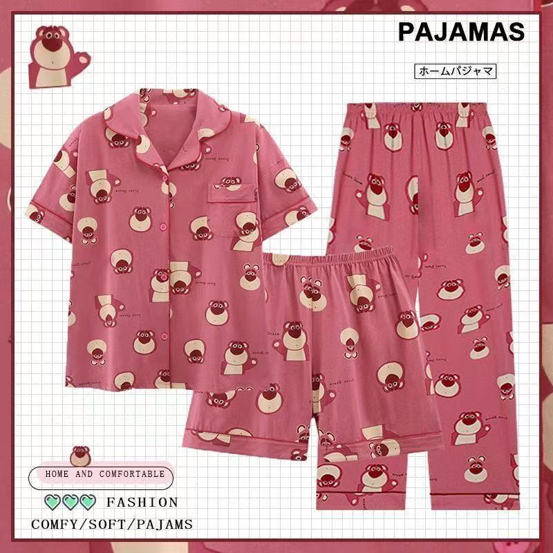 Pijamas de alta gama para mujer, conjunto de tres piezas con cárdigan a rayas de manga corta para verano, se puede usar en exteriores, conjunto de ropa para el hogar para primavera y otoño de 2025