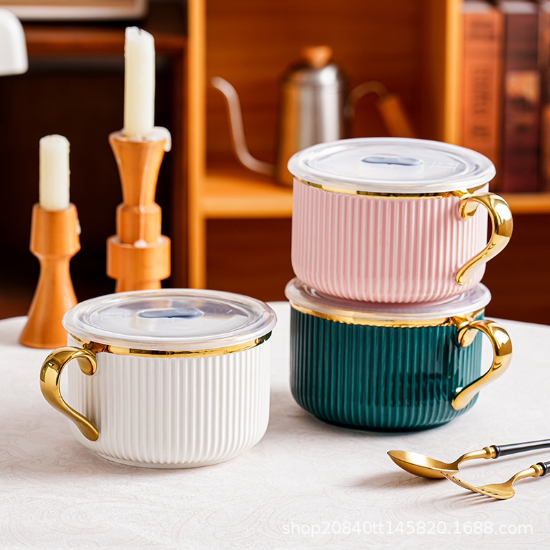 Tazón de fideos instantáneos de cerámica creativa con tapa para estudiantes de dormitorio con mango Tazón de fideos instantáneos para comedor Caja de almuerzo para uso personal