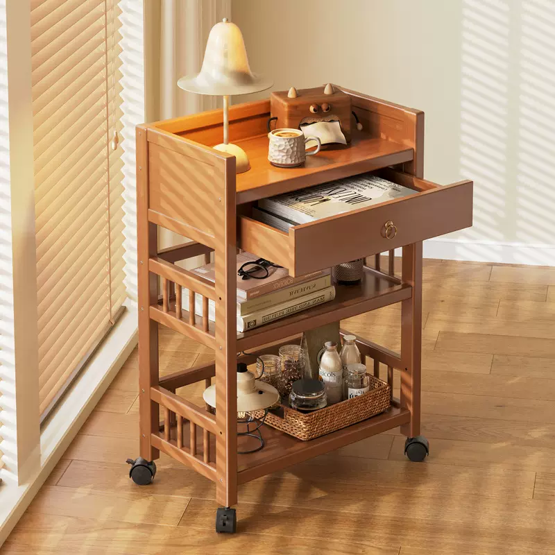 移动茶车推车置物架新中式麻将桌边几茶边柜餐边柜实木茶台茶水柜