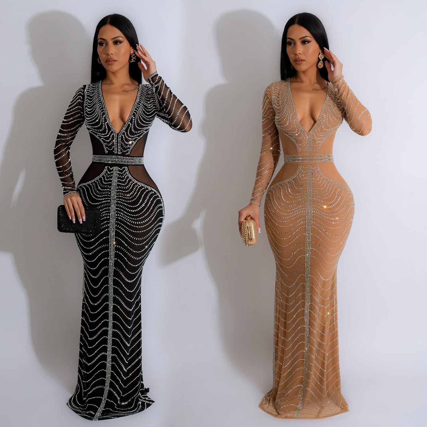 C6832 transfronterizo AliExpress Amazon moda europea y americana de las mujeres de color sólido vestido de malla rhinestone vestido