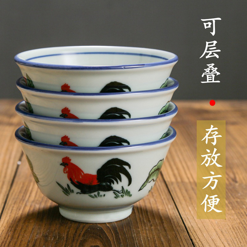 仿古怀旧陶瓷公鸡盘碗高脚厚边鸡公碗斗碗家用公鸡碗老式饭碗餐L^