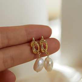 油画质感强光天然巴洛克淡水珍珠打结耳饰蚊香盘耳夹无耳洞
