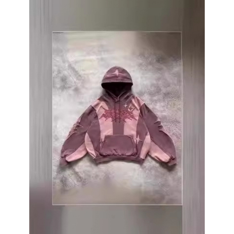 Y2K Patchwork Hoodie – Heavyweight 3D Graphic Pullover With Oversized Fit (S-2XL, Unisex Streetwear In Wine/Black/Pink)_voghion.com